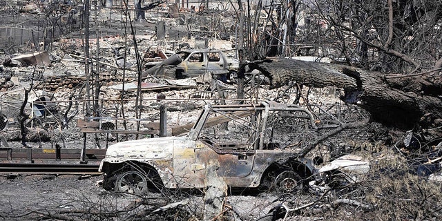 Burned cars and buildings in Lahaina, Hawaii