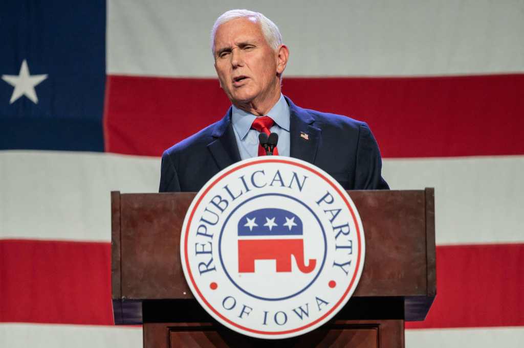 Pence speaks at the Republican Party of Iowa's 2023 Lincoln Dinner at the Iowa Events Center in Des Moines, Iowa, on July 28, 2023. 