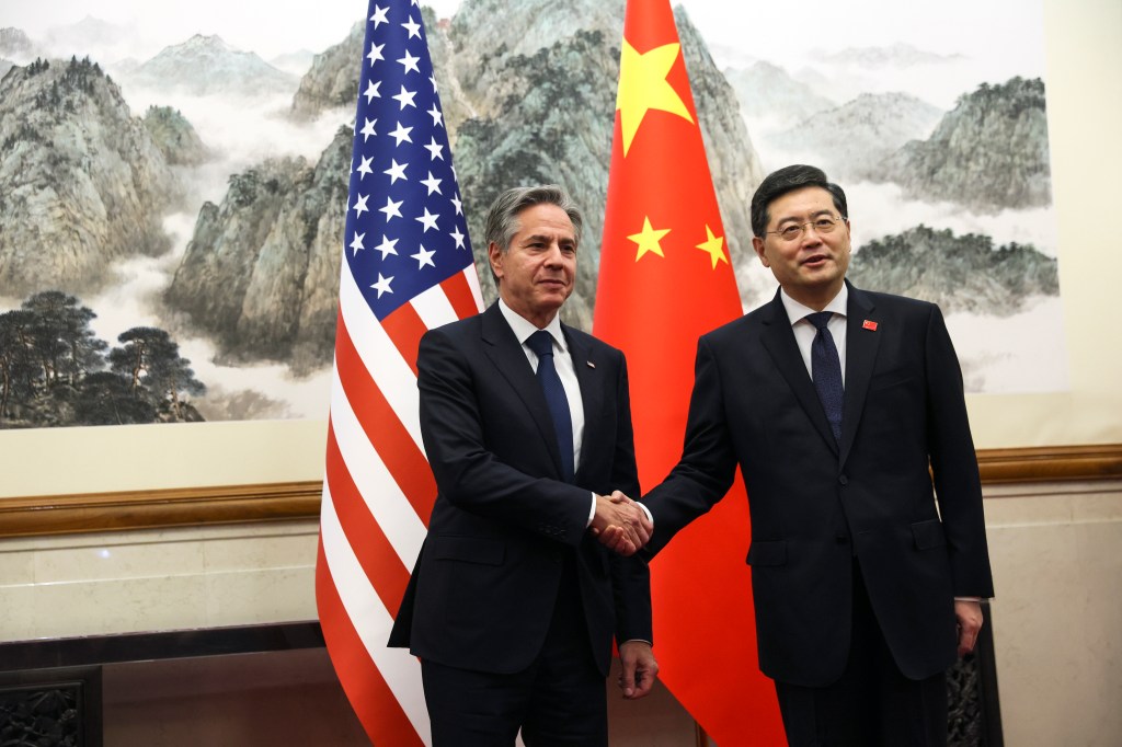 U.S. Secretary of State Antony Blinken, left, shakes hands with Chinese Foreign Minister Qin Gang, right, at the Diaoyutai State Guesthouse in Beijing, China, on June 18, 2023. 