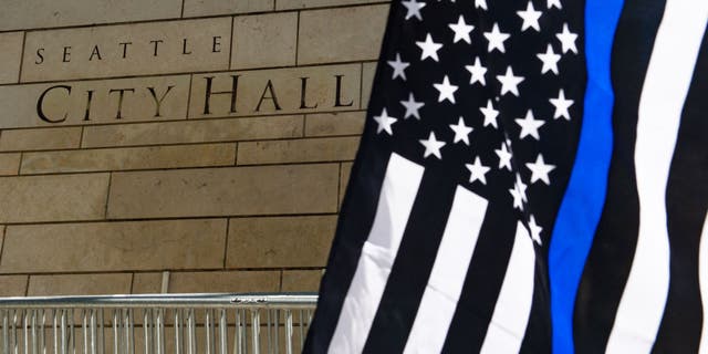 Thin Blue Line flag at Seattle City Hall