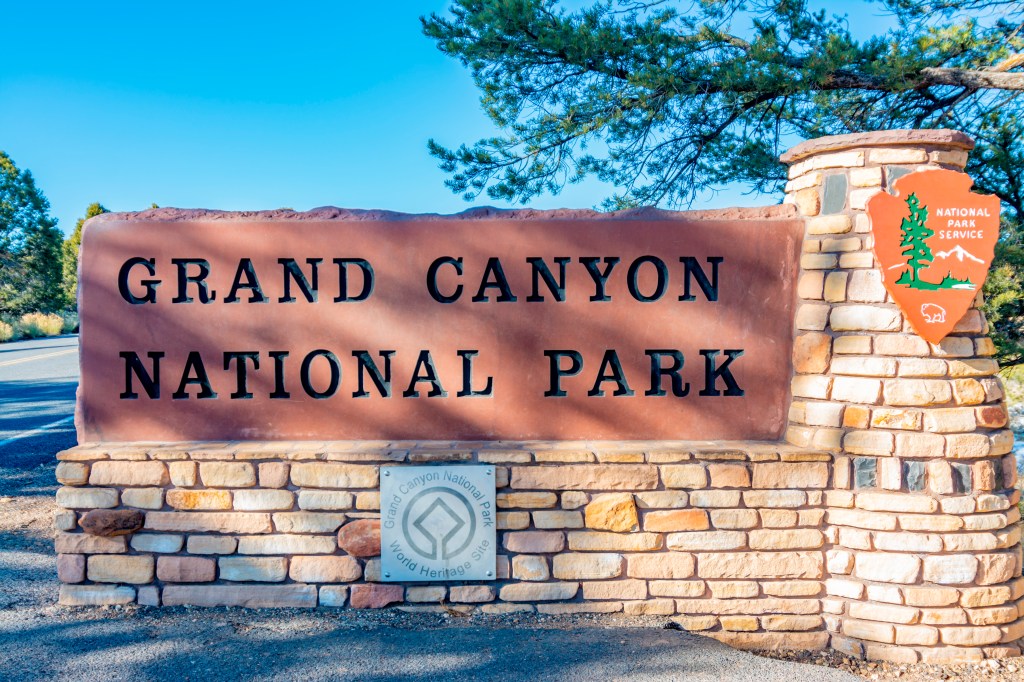 Entrance sign for Grand Canyon National Park in Arizona. 