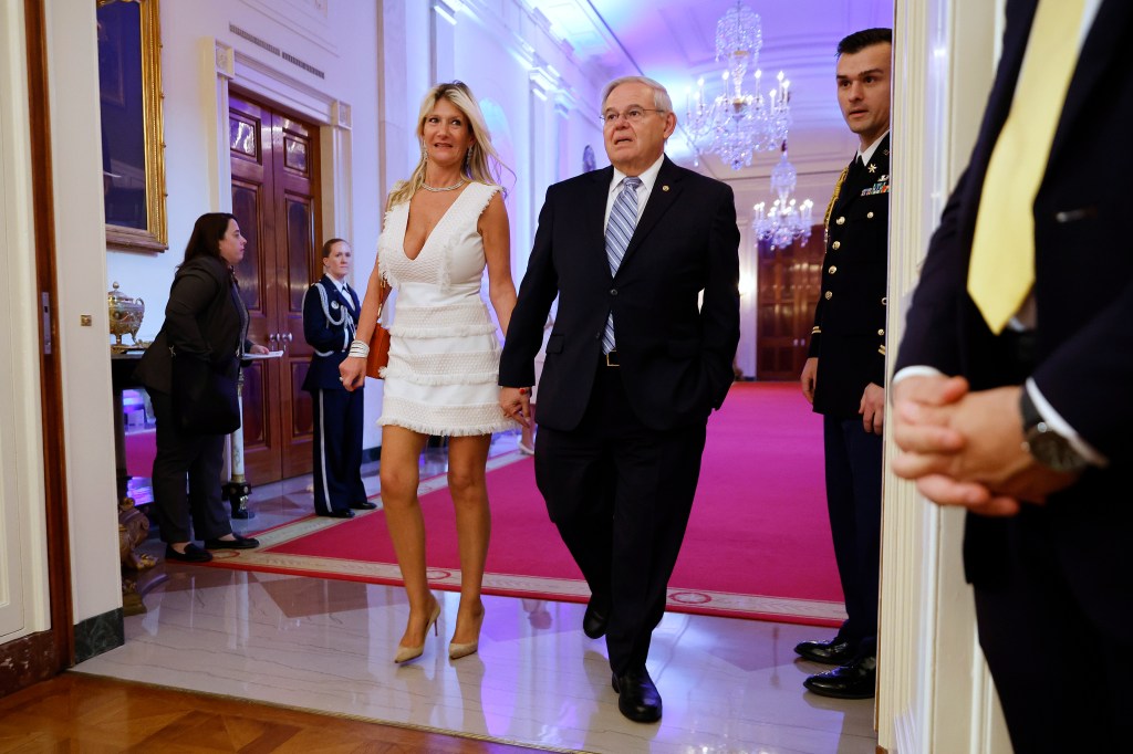 U.S. Senate Foreign Relations Committee Chairman Bob Menendez (D-NJ) and his wife Nadine Arslanian arrive for a reception honoring of Greek Prime Minister Kyriakos Mitsotakis and his wife Mareva Mitsotakis in the East Room of the White House on May 16, 2022 in Washington, DC.