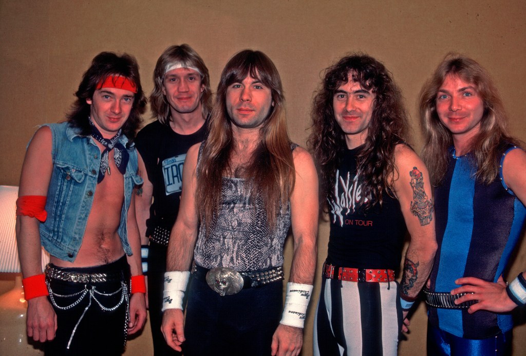 From left to right, Adrian Smith, McBrain, Bruce Dickinson, Steve Harris, and Dave Murray during Iron Maidens World Slavery Tour in Chicago, Illinois, on June 16, 1985.