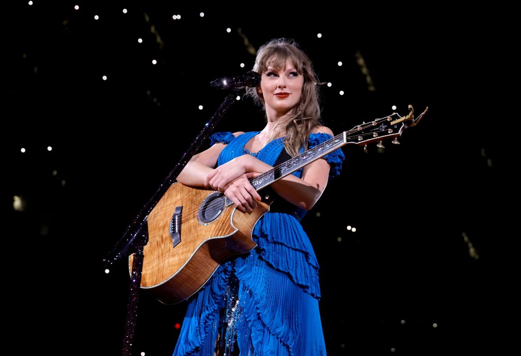 Taylor Swift performs onstage during "Taylor Swift | The Eras Tour" at SoFi Stadium on August 09, 2023, in Inglewood, California.