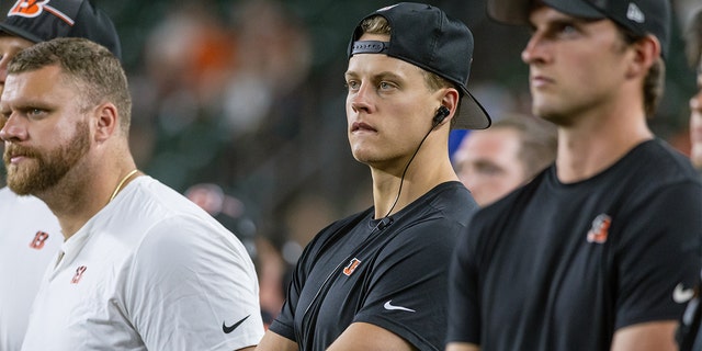 Joe Burrow watches from the sidelines