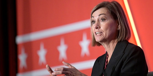 Gov. Kim Reynolds, R-Iowa, speaking at event