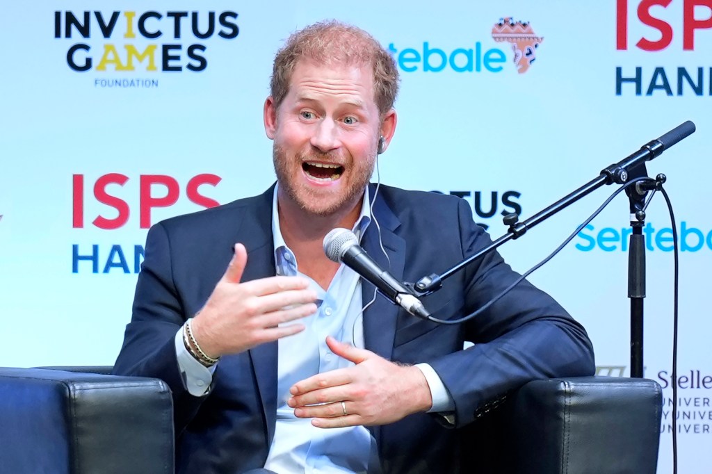 Prince Harry speaks during an event organized by the International Sports Promotion Society (ISPS) Wednesday, Aug. 9, 2023, in Tokyo.