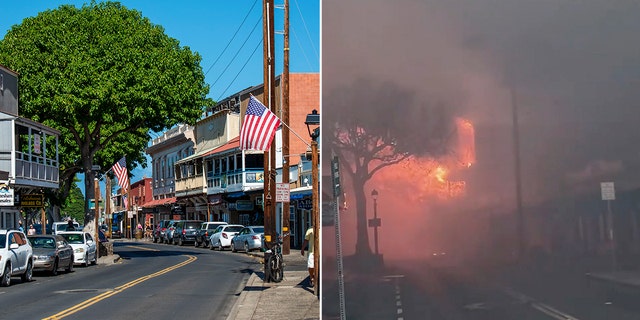 Split photo of before and after the wildfire destruction in Hawaii.