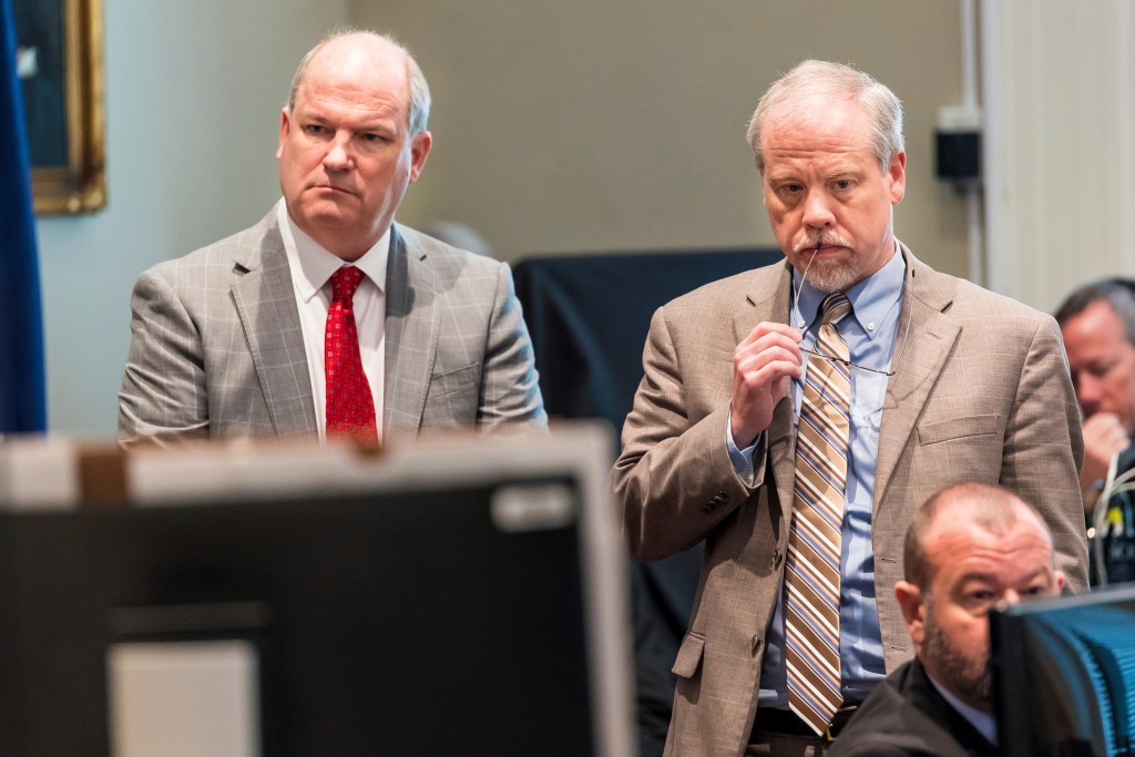 Alex Murdaugh's attorney Jim Griffin (left) and prosecutor Creighton Waters listen to testimony during Murdaugh's double murder trial in February.