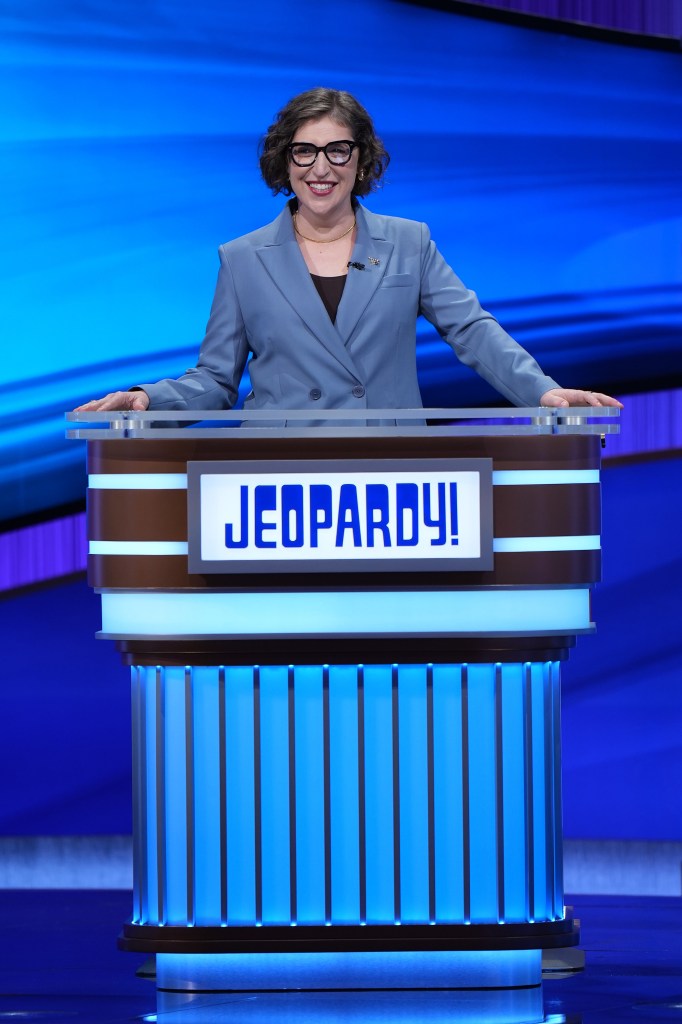 Mayim Bialik on the "Jeopardy!" stage.