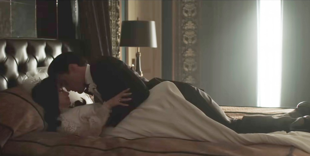 Priscilla Presley (Cailee Spaeny)  and Elvis (Jacob Elordi) in "Priscilla" in bed together. 