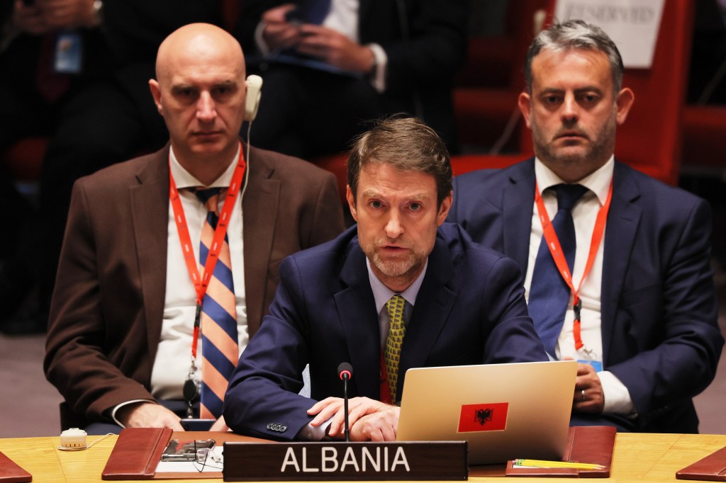 Permanent Representative of Albania to the United Nations Ferit Hoxha speaks during a UN Security Council meeting on maintenance of peace and security of Ukraine