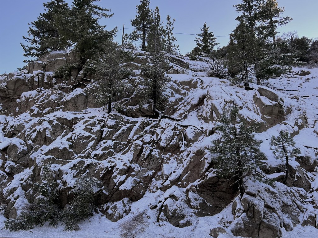 General views of the rocky snow-swept area in Angeles National Forest where British actor Julian Sands has been missing after going hiking. 