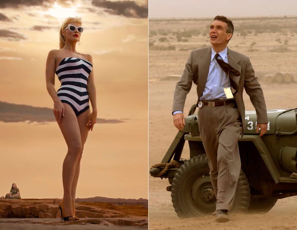 This combination of images shows Margot Robbie in a scene from "Barbie," left, and Cillian Murphy in a scene from "Oppenheimer." ()