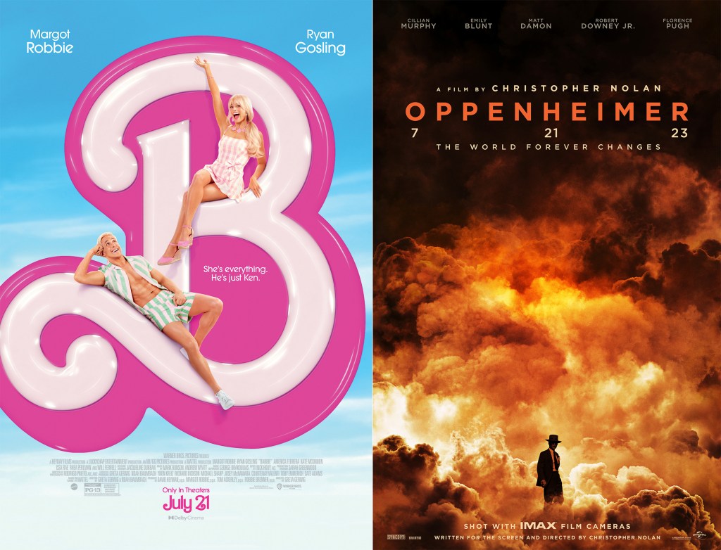 This combination of images shows promotional art for "Barbie," left, and "Oppenheimer." 