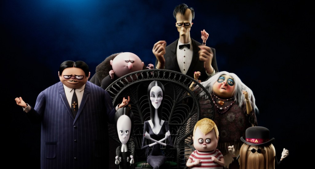 Cartoon Addams family from the 2019 movie is depicted posing with one another while snapping their fingers. 
