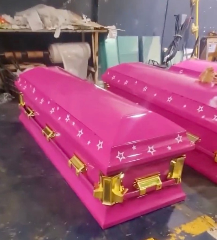 Pictured: Unnamed funeral company in Mexico City showing their new pink Barbie themed coffins.
