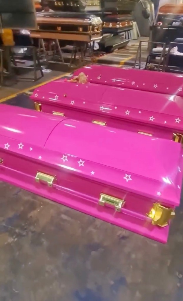 Unnamed funeral company in Mexico City showing their new pink Barbie themed coffins.
