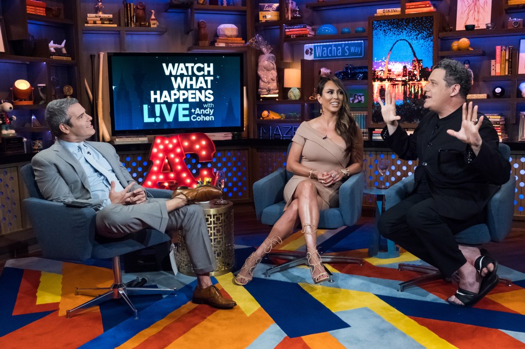 Picture of Andy Cohen sitting with Isaac Mizrahi on the set of "Watch What Happens Live." 