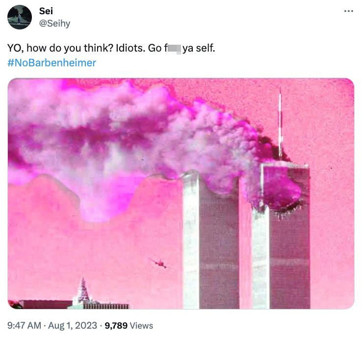One X user posted a photo of the Twin Towers belching pink smoke. 