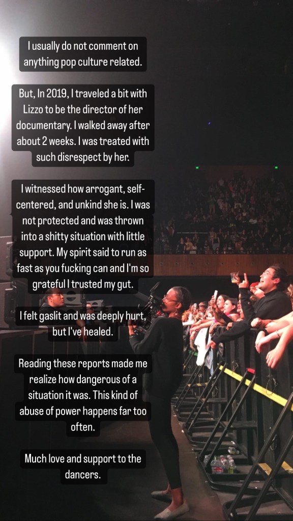 A photo of a social media text post with allegations that Lizzo was "arrogant" and "unkind." 