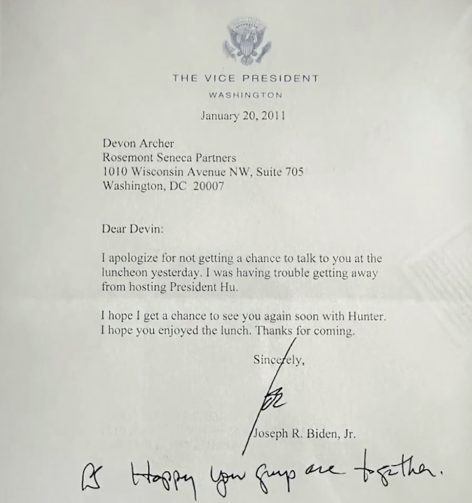 Archer released a Jan. 20, 2011 letter from then-Vice President Joe Biden expressing his pleasure that he was partnering with Hunter.
