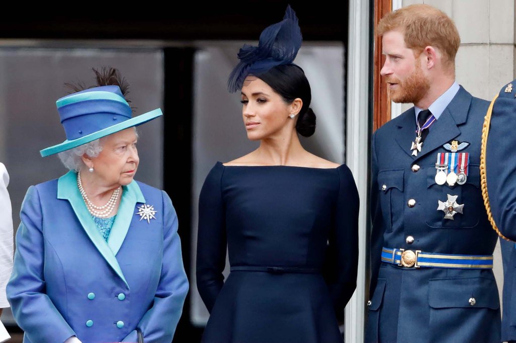 Photo of Meghan Markle, Prince Harry and the late Queen Elizabeth II. 