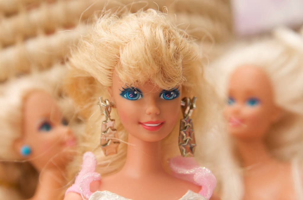 A close-up shot of a Barbie doll. 