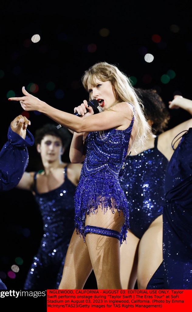 Taylor Swift performs onstage during "Taylor Swift | The Eras Tour" at SoFi Stadium on August 03, 2023 in Inglewood, California. 