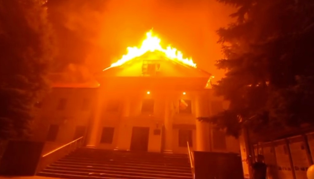 pictured is a Ukrainian counterattack that left a university building in Donetsk blazing. 