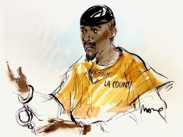 A courtroom sketch of Tory Lanez during his trial in Los Angeles.