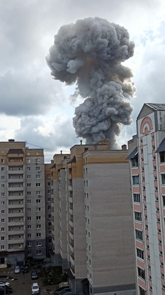 Smoke rises after an explosion in Sergiyev Posad, Russia, August 9, 2023, in this screen grab obtained from a social media video.