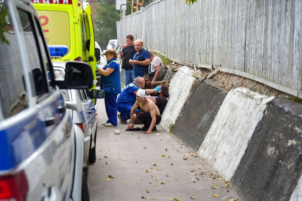 This handout picture posted on August 9, 2023 on the official Telegram account of Andrey Vorobyov, Moscow region governor, shows medics helping injured people 