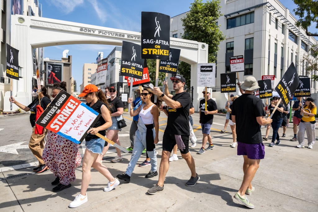 Members and supporters of SAG-AFTRA and WGA on the picket line at Sony Pictures Studios.