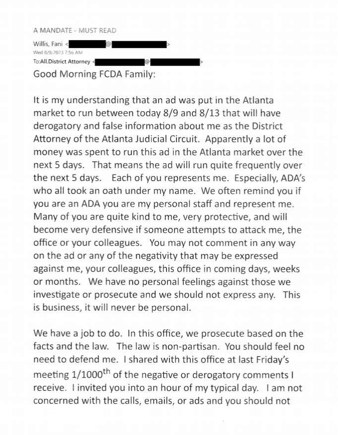An email from Fulton County District Attorney Fani Willis