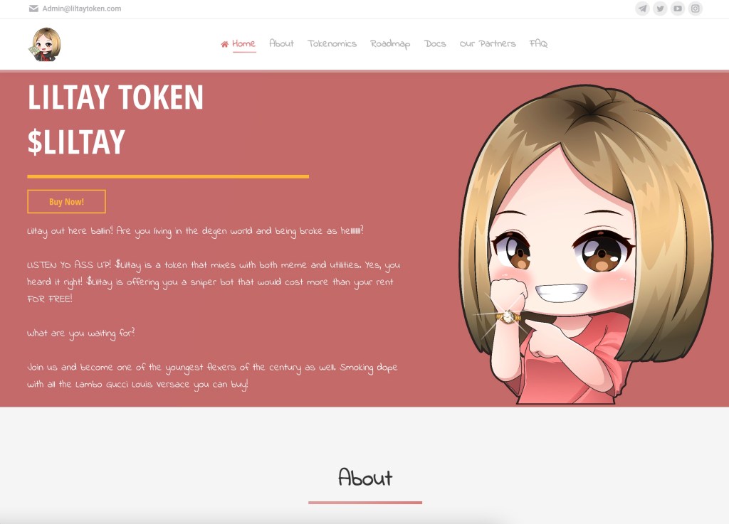 Home page for LilTay Token, showing a caricature of Lil Tay