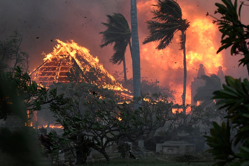 Waiola Church on fire amid the Maui wildwires.