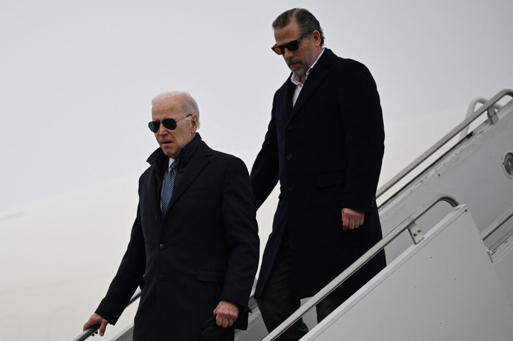 US President Joe Biden, with son Hunter Biden, arrives at Hancock Field Air National Guard Base in Syracuse, New York, on February 4, 2023.