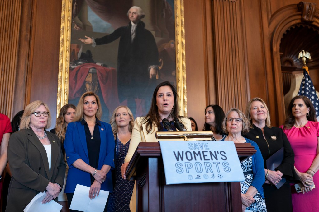 House Republican Conference Chair Elise Stefanik, R-N.Y., speaks as GOP women members hold an event before the vote to prohibit transgender women and girls from playing on sports teams that match their gender identity, at the Capitol in Washington, Thursday, April 20, 2023.