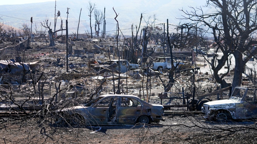 Destroyed cars and buildings line the streets of the once popular resort city of Lahaina.