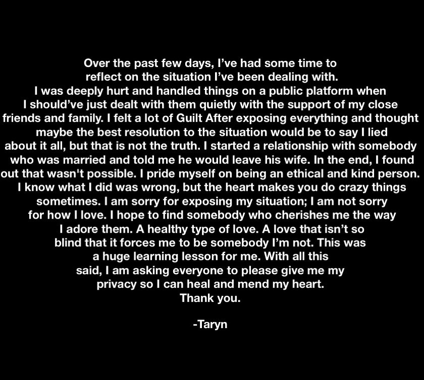 Taryn Manning's apology text post, white text on a black background. 