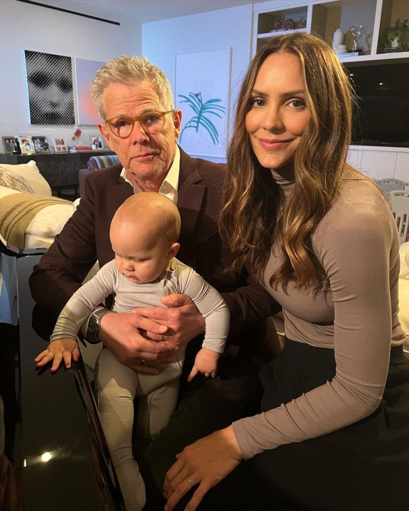Katharine McPhee and David Foster with toddler son, Rennie, in February 2021.

