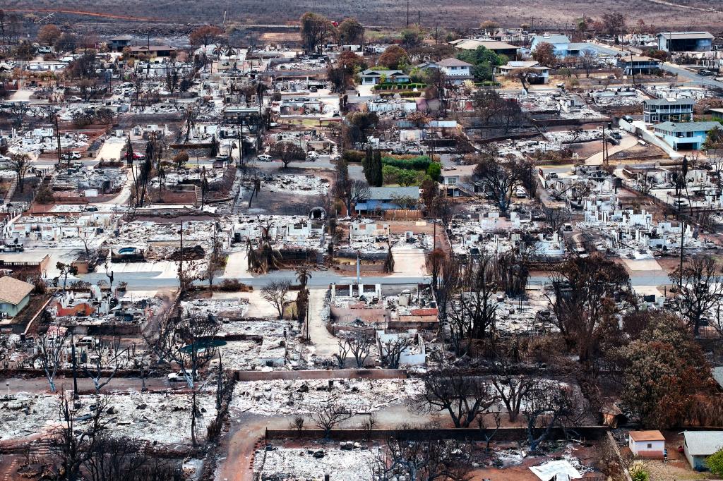 General view of the destruction following a wildfire last week on Wednesday, August 16, 2023 in Lahaina, Hawaii. 