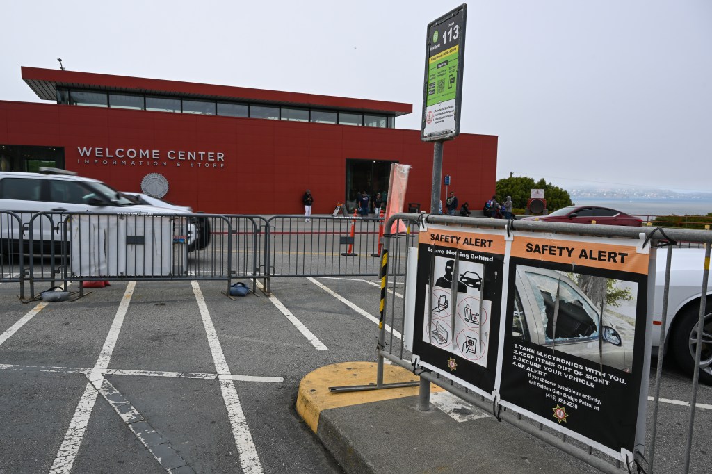 FILEâSAN FRANCISCO, CA - AUGUST 9: Safety Alert signs are seen near the Golden Gate Bridge as Car break-ins have been at epidemic levels in San Francisco, California, United States on August 9, 2023.