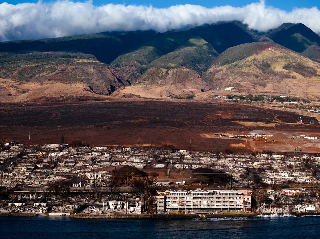 Destroyed buildings after the wildfire tore through Lahaina, Hawaii.