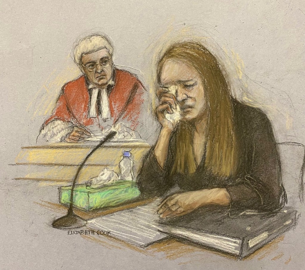 A courtroom sketch of Letby crying during her trial.