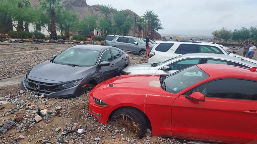 A parking lot in Death Valley National Park was filled by rocks, mud and debris during flooding in 2022.