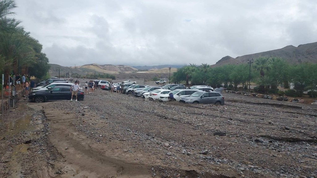 A parking lot in Death Valley National Park was filled by rocks, mud and debris during flooding.