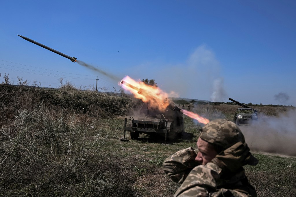 Ukrainian servicemen of the 108th Separate Brigade of Territorial Defence fire small multiple launch rocket systems toward Russian troops, amid Russia's attack on Ukraine, near a front line in Zaporizhzhia region, Ukraine August 19, 2023. 