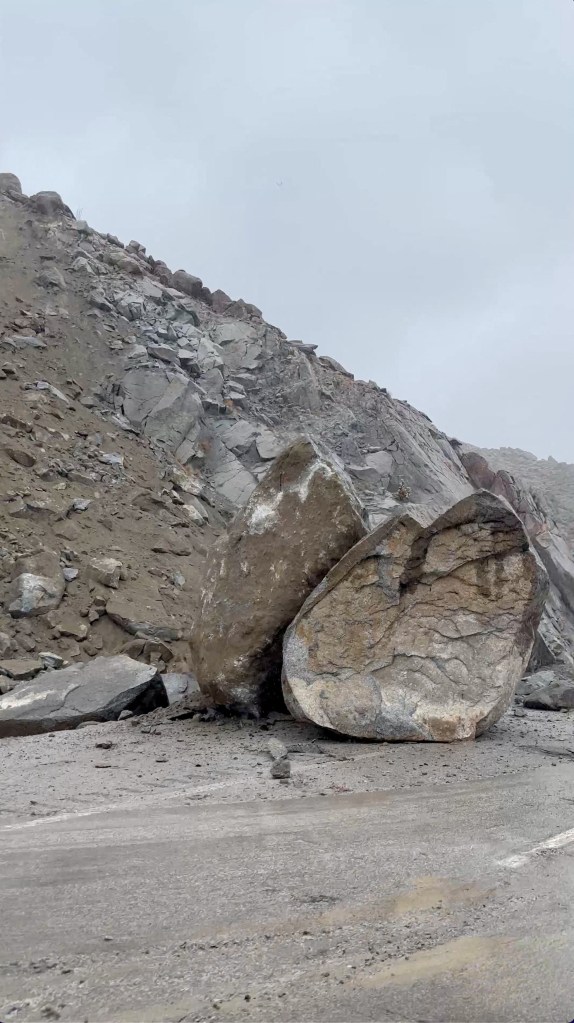 A boulder on a road near Ocotillo, California as Hilary approaches.